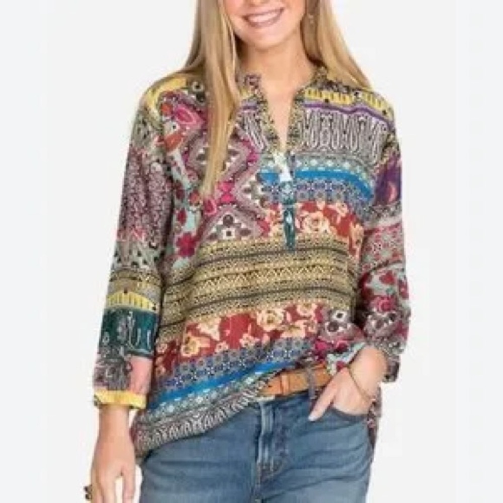 JOHNNY WAS./.Silk Go Go Miley Tunic, Patchwork Top - Sz L- NWT